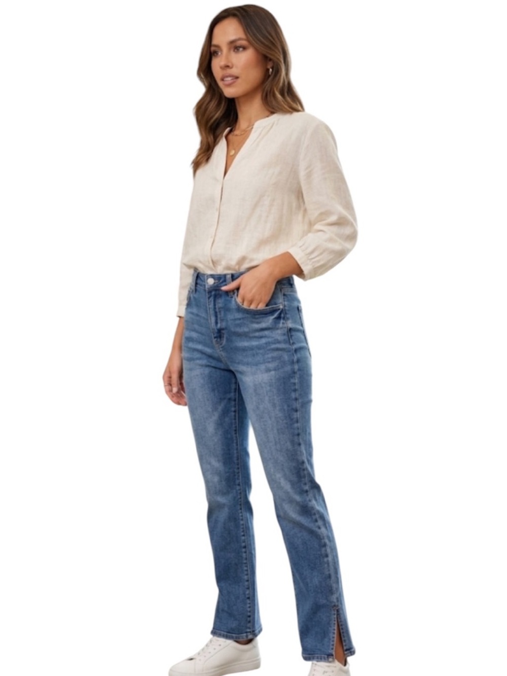 NWT Risen High Rise Straight Leg Jeans Split Hem Medium Wash Denim 15/32
HH